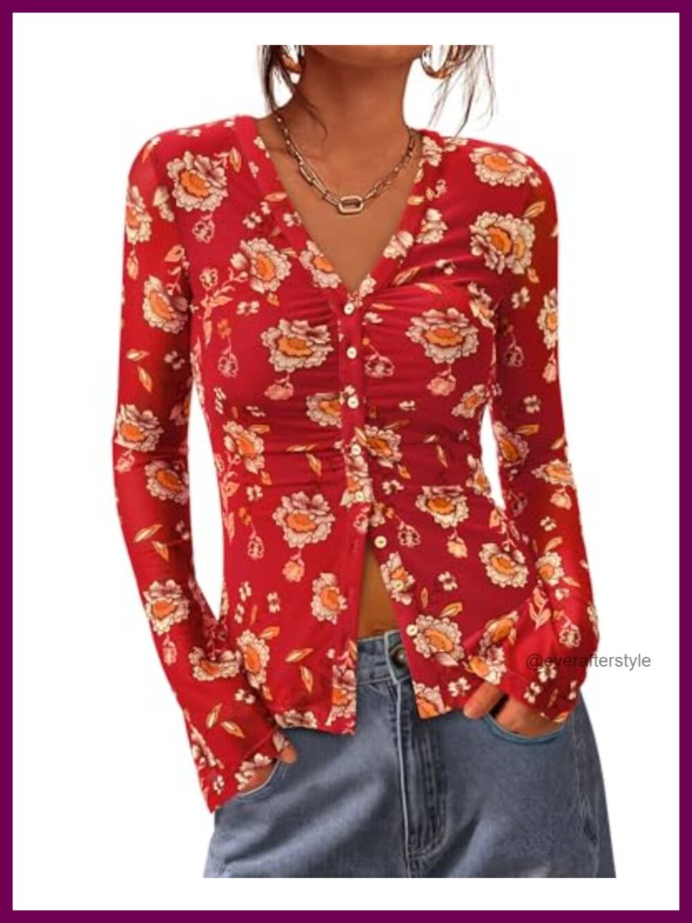 BTFBM Mesh Floral Button Down Blouse Long Sleeve V Neck Women's Top